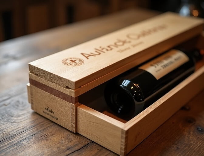 Sliding lid wooden wine box -- classic wooden bottle box with sliding top panel, natural wood grain finish and engraved logo